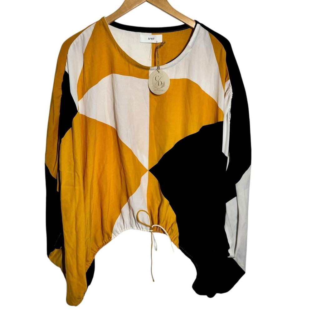 SWF Sweetner Top Women M Black Yellow Drawstring Parachute Blouse Relaxed Geo